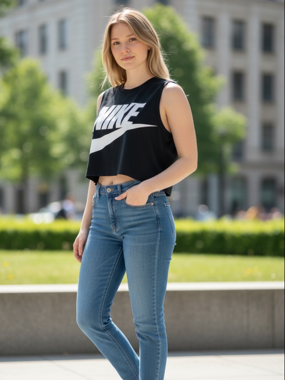 Nike Black Cropped Muscle Tank with White Swoosh